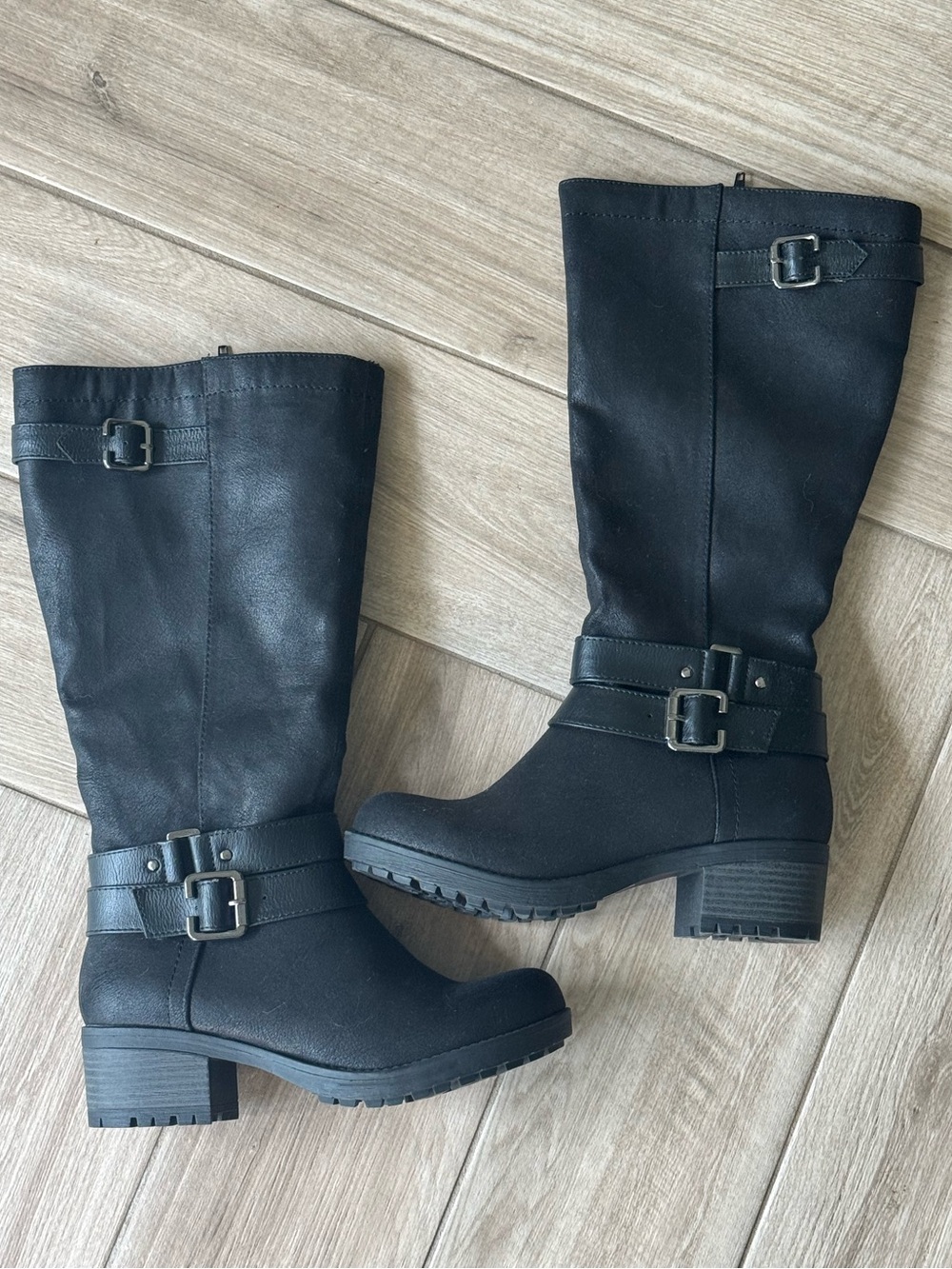 Black Mid-Calf Buckle motorcycle Boots - Women